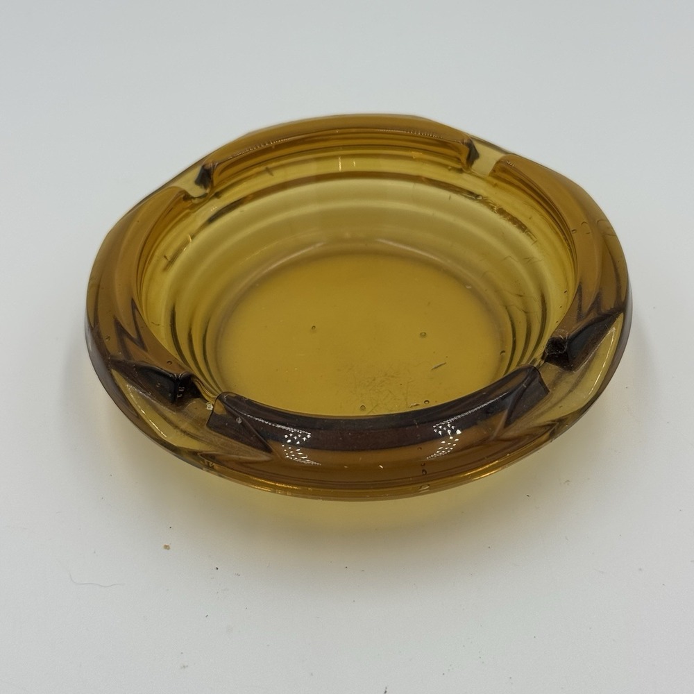 Vintage Round Amber Glass Ashtray 4 1/2" 4 Slot Made In USA VTG